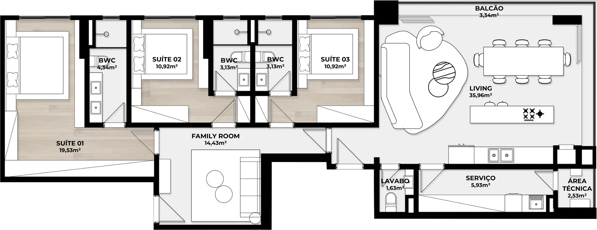 Planta do apartamento final 01, 140 m²