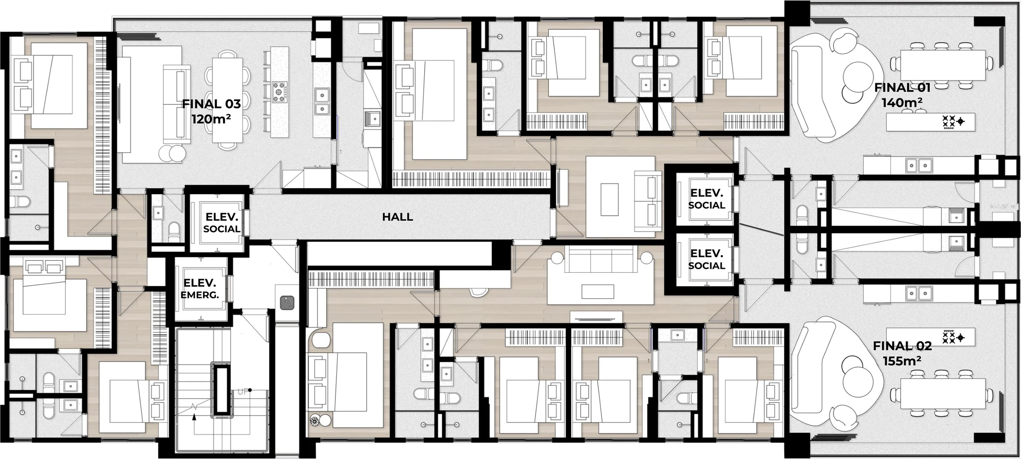 Planta do pavimento tipo com três apartamentos